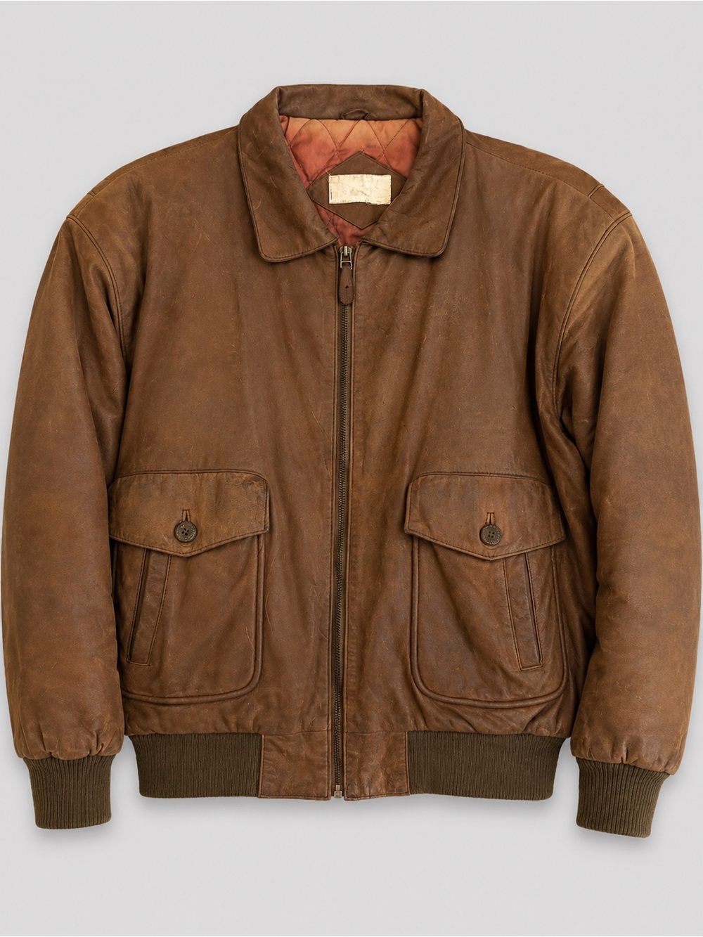 Vintage 80s 90s Brown Genuine Leather Bomber Jacket Oversized